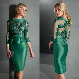 Elegant Green Short Homecoming Cocktail Dress Women 2024 Scoop 3/4 Sleeves Lace Appliques Peplum Birthday Party Dinner Gowns Robe De Soiree