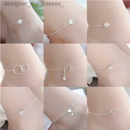 Anklets Sterling Silver Color Stamp Anklets For Women Foot Leg Chain Link Bracelet Single Layers Beach Accessories Jewelry For FemaleL231116