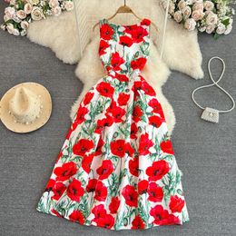 Casual Dresses Jacquard Floral Tank Dress Women's Sleeveless Vest O Neck High Waist Flower Print Long Calf Length Beach Party Vestidos