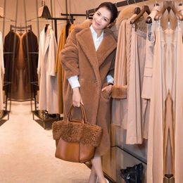 Women's Wool Blends Grain Sheep Camel Fur Coat Women'S Autumn Thickened Lamb Fleece Lapel Double Breasted Mid Length Coat 231116