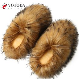 Slippers Luxury Faux Fur Furry Shoe Raccoon Slides Flat Plush Fuzzy Flip Flop Winter Warm Fluffy Slipper Woman 231115