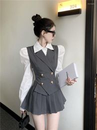 Work Dresses Spring College Style Suit Women's Turn-down Collar Double-breasted Vest Bubble Sleeve Shirt A-line Pleated Skirt