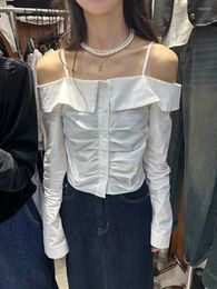 Women's Blouses Korean Fashion 2023 Autumn Solid Colour Slim Fit Suspended Shirt Off Shoulder Top Casual Female Clothing