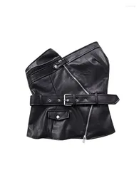 Women's Leather Women Faux Sexy Slim Tube Tops 2023 Autumn With Belt Backless Solid Off-Shoulder Bustiers