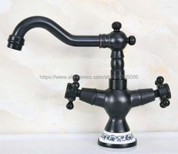 Bathroom Sink Faucets Basin Black Colour Brass Deck Mounted Double Handle Mixer Tap Single Hole And Cold Bnf645