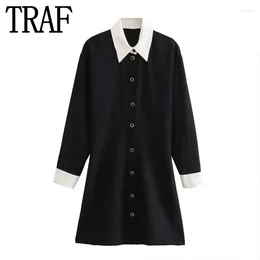 Casual Dresses Black Mini Shirt Dress Woman Long Sleeve Short For Women 2023 Autumn Vintage Button Up Chic And Elegant