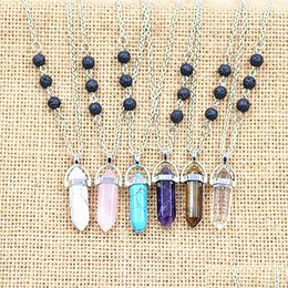 Pendant Necklaces Sier Colour Natural Stone Hexagonal Prism Necklace Lava Volcanic Rock Aromatherapy Essential Oil Diffuser F Dhgarden Dh6Yu