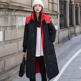 Women's Trench Coats Hooded Patchwork Color Women Long Coat 2023 Winter Fashion Elegant Two Sides Wearing Parkas Female Loose Casual Warm