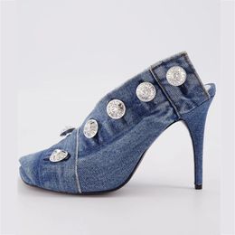 Sexy Women's Mules Thin High Heel Fish Mouth Sandals Punk Style Riveted Shoes Blue Denim Short Boots Pumps