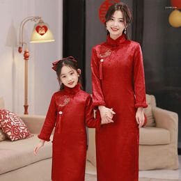 Ethnic Clothing Chinese Year Clothes Women 2023 Red Qipao Three Quarter Sleeve Mother And Daughter Traditional Cheongsam Dresses Outfits