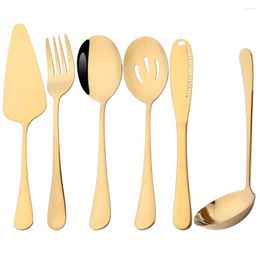 Dinnerware Sets Western Gold 6Pcs Service Spoon Stainless Steel Tableware Serving Fork Shovel Colander Kitchen Utensils Cutlery Set