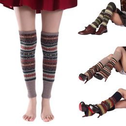 Women Socks Bohemian Knitted Long Cover Fluorescent Colourful Striped Thigh High Stockings Boot Cuffs