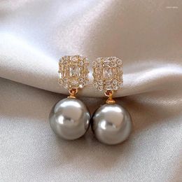 Dangle Earrings South Korea Design Fashion Jewellery 14K Gold Plated Square Zircon Grey Pearl Elegant Women's Daily Work Accessories