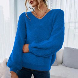 Women's Sweaters Fashion V-neck Cashmere Pullover Stylish Ins Style Slim Fit Blue White Pink Winter Fleece Knitted Jumpers