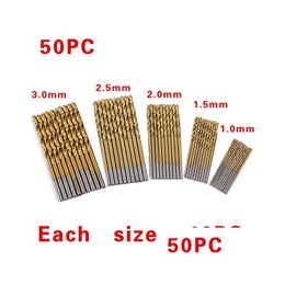 Drill Bits 50Pcs/Set Twist Drill Bit Set Saw Hss High Steel Titanium Coated Woodworking Wood Tool 1/1.5/2/2.5/M For Drop Delivery Home Dhpb6