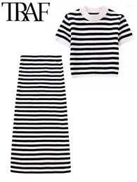 Work Dresses Spring Fashion Casual Women Striped Suits Short Sleeve Slim Knitted O-Neck Crop Tops A-Line Midi Skirt Female 2 Piece Sets