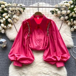 Women's Blouses Tops And Shirts 2023 Fashion Clothes For Women Frill Rhinestone Trim Shirt Long Voluminous Sleeve Vintage Elegant