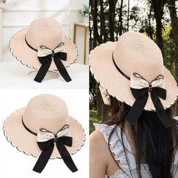 Wide Brim Hats Women Straw Hat Bow-knot Decor Hollow Out Lady Beach Round Sun Protection Flower Embroidery