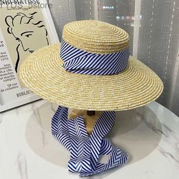 Wide Brim Hats Bucket Hats Women's Summer Hat Sun Protection Cap Female Flat Top Wide Brim Hat Ribbon Decoration Str Hat Beach Sun Hat With Chin Strap YQ231116