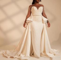 2019 African Plus Size Mermaid Wedding Dresses Luxury Beaded Pearls with Satin Overskirt Sweep Train Wedding Gown vestido de novia3132358