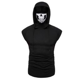 Casual cotton slim breathable turtleneck hooded face men sleeveless t shirt