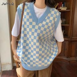 Womens Vests Plus Size 3xl Plaid Printing Vneck Vest Women Korean Basic Sleeveless Preppy Style Knitted Sweater Loose Oversized Sweaters 231116