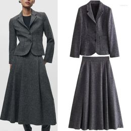 Women's Suits Lapel Warm Blazer Two Pieces Sets Woman Fashion Fall Minimalist Gray Long Sleeves Buttoned Coats Pockets Jackets Skirt