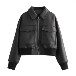 Women's Leather Jaqueta De Couro Feminina Inszar Outwear Jackets Jacket Coat Black Long Sleeve Bomber With Pocket