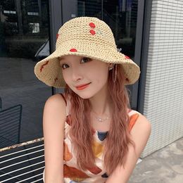 Wide Brim Hats Japanese Hand-woven Cherry Love Crochet Straw Hat Women's Summer Travel Sunshade Sunscreen Foldable Trend Sun Cap Femme