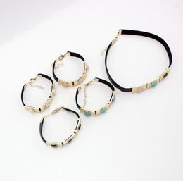 Necklace Earrings Set 2023 Square White Stone Leather Cord Choker Women Oval Green Bracelet