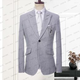 Men's Suits 2023 Fashion Men Summer Casual Linen Suit Grey White Vertical Stripe Business Slim Fit Wedding Groom Jacket Blazer Coat