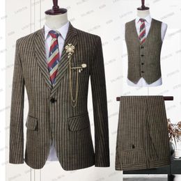 Men's Suits 2023 Business For Men Slim Fit Wedding Groom Light Brown Linen Black Stripe Tuxedo Formal Male 3 Pcs Set Blazer Vest Pants