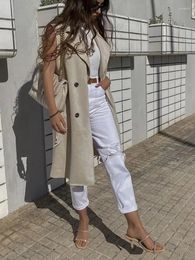 Women's Trench Coats Women Sleeveless Waistband Coat 2023 Fashion Double Breasted Clothing Vintage Tops