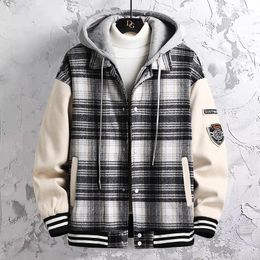 Men's Jackets Men's Clothing Autumn And Winter Spring Models Thick Plaid Long-sleeved Loose Hooded Jacket