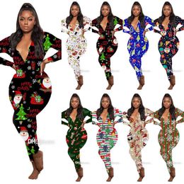 Fall Winter Women Jumpsuits Rompers Christmas Printed Designer Pajama Onesies Fashion Long Sleeve V Neck Home Wear Bodysuit