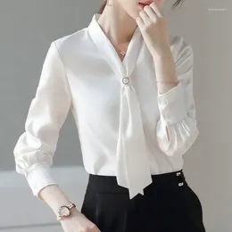 Women's Blouses Autumn 2023 Women Bow Tie Blouse Fashion OL Style Office Top White Long Sleeve Chiffon Woman Elegant Business Loose Shirt