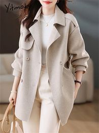 Women's Fur Faux Yitimoky Fall Winter Wool Jacket for Women 2023 Korean Fashion Double Breasted Casual Office Ladies Solid Y2k Coats 231115