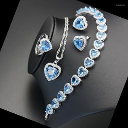 Necklace Earrings Set European And American Ornament Zircon Sea Blue Ring Women's Fully Jeweled Loving Heart Bracelet Ear Studs Suit