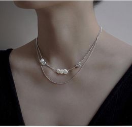 Chains Sterling Silver Necklace Fashion Baroque Pearl Double Layer Lock Eye Disc Square Letter Pendant Wild Female JewelryChains