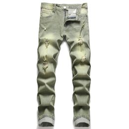 Ripped Slim Fit Herren Jeans Sommer Straight Stretch Denim Hosen lässige Grasgrün Pantalone Para Hombre Vaqueros