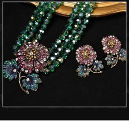 Berets European And American Style Heavy Industry Multi-Layer Glass Bead Necklace Flower Earings Set