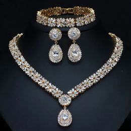 Wedding Jewelry Sets CWWZircons Exclusive Dubai Gold Plate Jewellery Luxury Cubic Zirconia Necklace Earring Bracelet Party Set for Women T053 231116