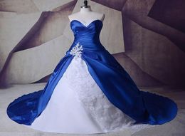 Immagine reale classica Nuovi abiti da sposa A Line bianchi e blu royal 2021 Pizzo Taffetà Appliques Abito da sposa Perline Custom Made Cryst3484607