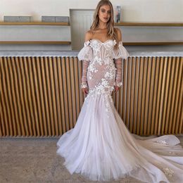 Sexy Illusion Mermaid Wedding Dresses for Bridal Off the Shoulder Pleat Sleeve Wedding Gown 3D Appliques robe de mariee
