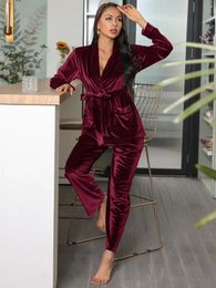 Women's Sleepwear Winter Red Wine Women's Pajama Set 2 Piece Fleece Bathrobe Lounge Pants Waist Belt Long Sleeves Sleepwear Nightwear With Pocket 231116