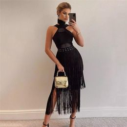 Casual Dresses Fashion Backless Midi Bandage Dress Black White Hollow Out Tassel Summer Vestidos Sexy Halter Party Clubwear Women