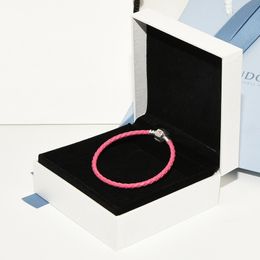 Cute Pink Leather Charm Bracelet for Pandora 925 Sterling Silver Clasp Hand chain Party Jewellery For Women Girlfriend Gift designer Bracelets with Original Box Set