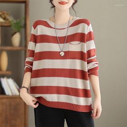 Women's Sweaters 2023 Arrival Spring Autumn Women Loose Fit Casual O-neck Long Sleeve Pocket Patchwork Soft Striped Knitted Sweater V701