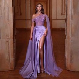Lilac One Shoulder Bodice With Crystals Beading Prom Dress See Through Purple Elegant Evening Dress Vestido Longo Feminino