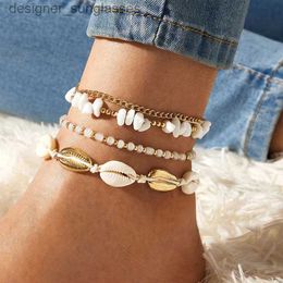 Anklets Summer Beach Crushed Stone Chain Anklet Set For Women Boho Shell Charm Ankle Bracelet On The Leg Handmade Fashion JewelryL231116